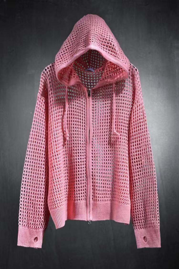 Men's Sweaters Y2K Japanese Streetwear Mens Autumn Thin Style Pink Cardigan Knitted Sweater Man Hollow Out Plaid Zip Up Jackets Coats 230822