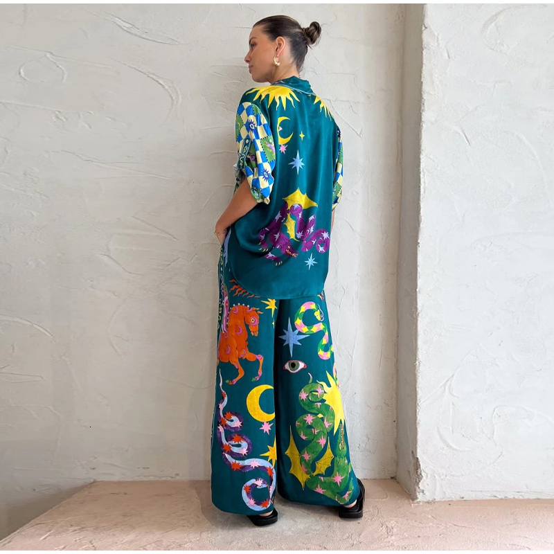 Women's Two Piece Pants Green Cartoon Print Long Pant Suit Women Elegant Turn Down Collar Shirts Loose Wide Leg Pants 2 Pieces Sets Women Outfits