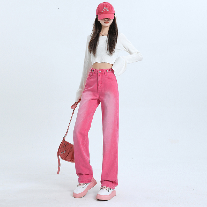 Women's Jeans Chic Autumn Y2K Korean Gradient Pink High Waist Straight Leg Denim Trousers 230821
