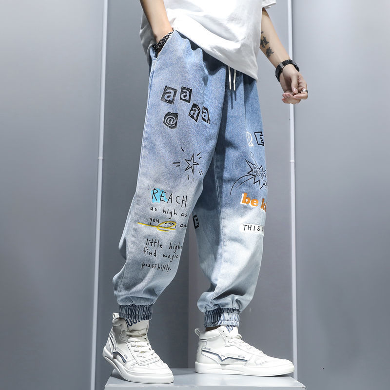 Men's Jeans Graffiti Printing Jeans Men's Gradient Hip Hop Trousers Harem Cartoon Loose Casual Ankle Banded Pants Cargo Denim Jeans for Men 