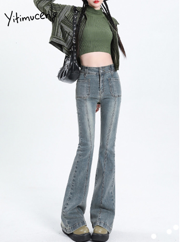 Women's Jeans Yitimuceng High Waisted for Women Stretch Vintage Streetwear Slim Skinny Washed Bleached Flare Pants Y2k 230821
