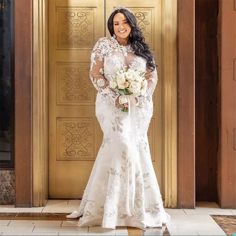 Gorgeous Plus Size Mermaid Wedding Dresses Bridal Gown with Detachable Train Long Sleeves Lace Applique Custom Made Jewel Neckline vestido de novia 20