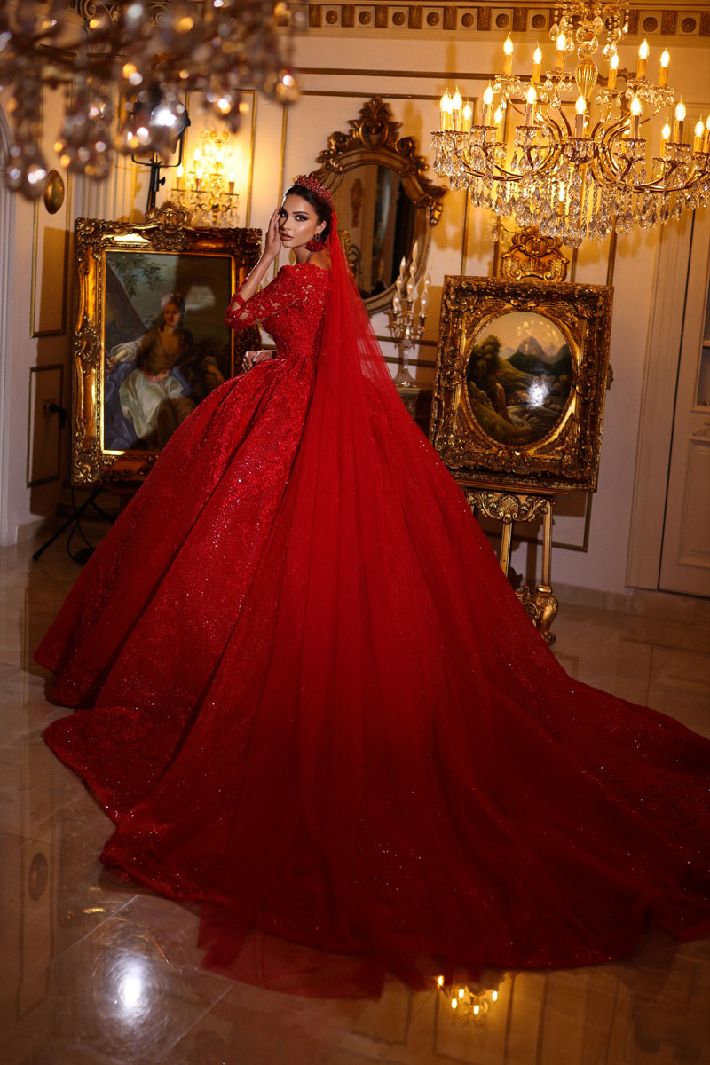 Arabic Red Lace Wedding Dress Long Sleeves Sparkly Sequin Women Marriage Dubai Bridal Gown Vestido De Novia Custom Made