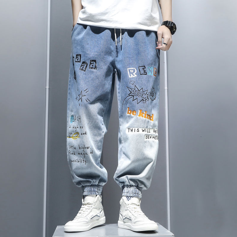 Men's Jeans Graffiti Printing Jeans Men's Gradient Hip Hop Trousers Harem Cartoon Loose Casual Ankle Banded Pants Cargo Denim Jeans for Men 