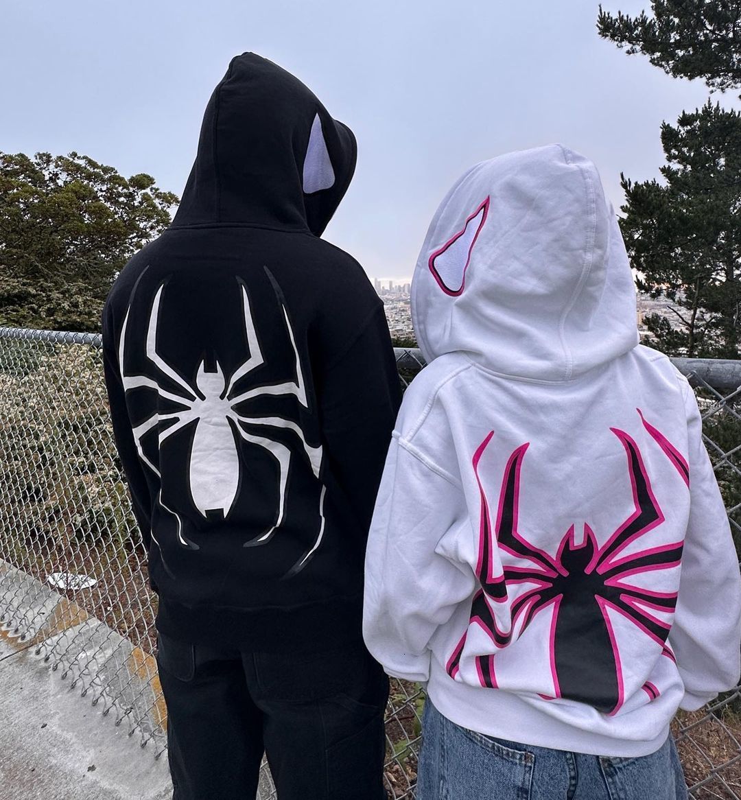 Men's Hoodies Sweatshirts Retro street gothic spider print hooded sweater for men and women y2k punk grunge loose casual full zipper couple jacke
