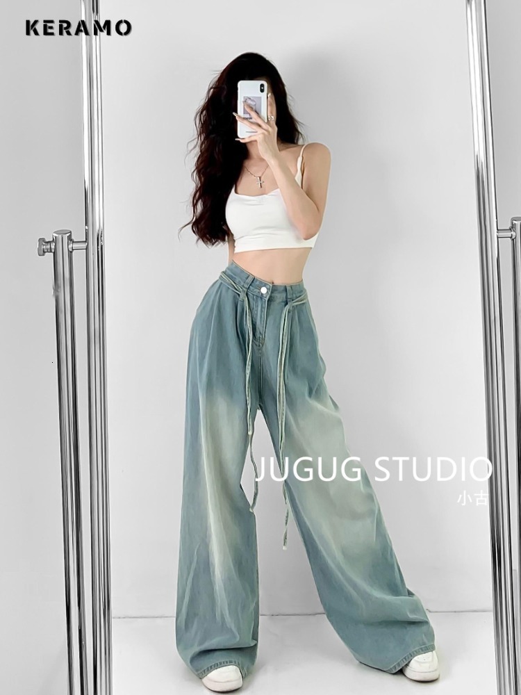 Women's Jeans Vintage High Waist Street Style Belted Blue Straight Pants Korean Fashion Wide Leg Baggy Y2K Denim Trouser 230821