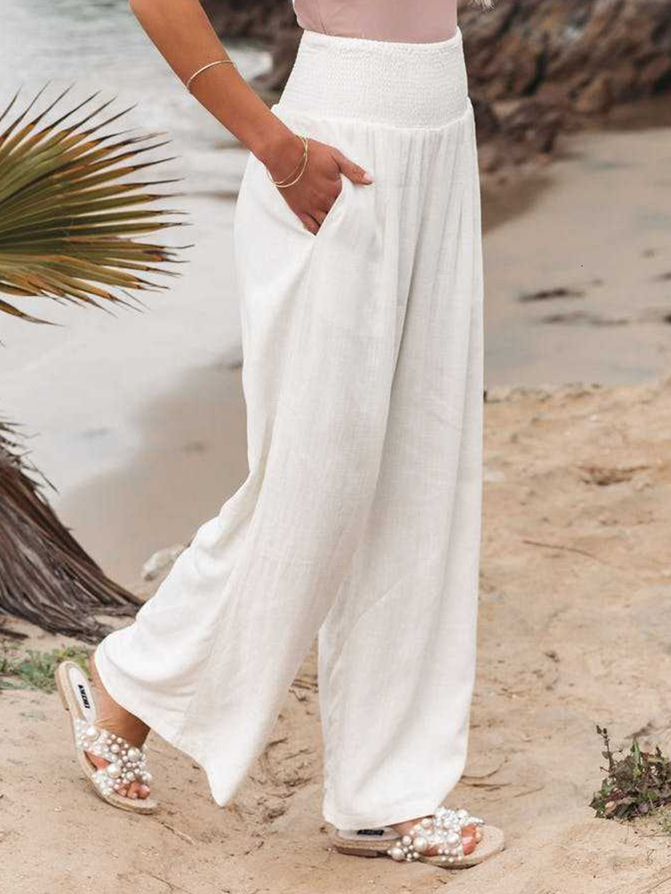 Womens Pants Capris Foridol Spring Summer Cotton Linen Women Pockets Solid Casual White Wide Leg Office Lady Long Trousers Khaki 230821