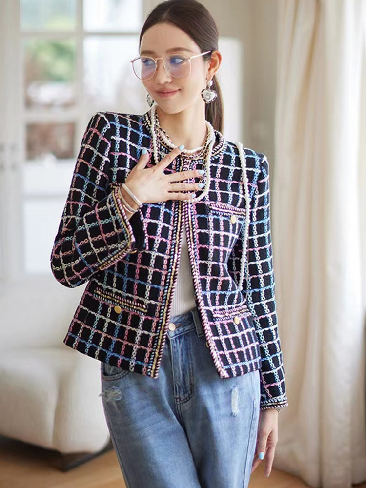 Women's Jackets Vintage Check Tweed Jacket Autumn High Quality Women's Jacket Sequined Trim Long Sleeve Woolen Coat Elegant Outwear 230822CJ