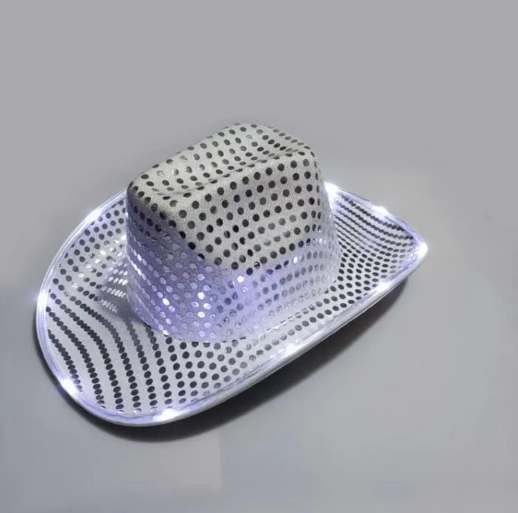 50pcs Cowgirl LED Hat Flashing Light Up Sequin Cowboy Hats Luminous Caps Halloween Costume FY7970 G0831