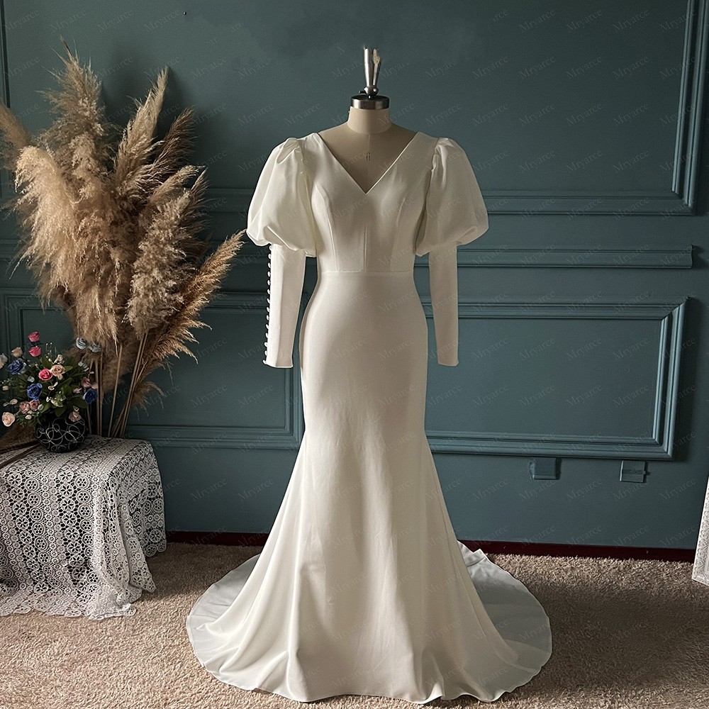 Elegant Mermaid Wedding Dress Bubble Sleeves V Neck Soft Satin Backless Buttons Bridal Gowns Women 2023 Robes De Mariee Vestidos De Noiva