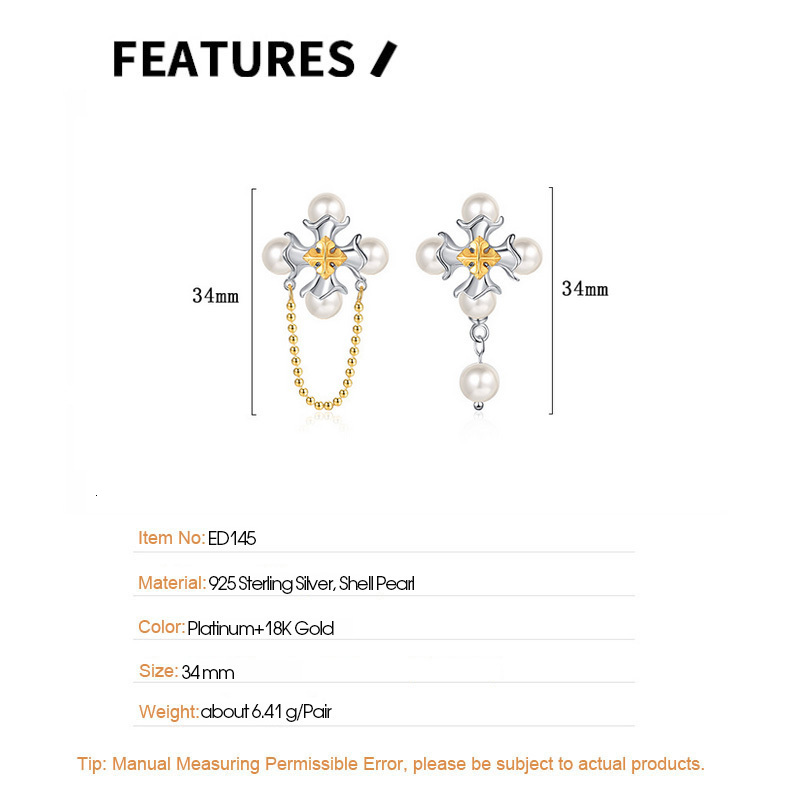 Ear Cuff F I N S Asymmetric 925 Sterling Silver Shell Pearl Earrings Baroque Cross Piercing Bead Chain Punk Rock Studs Fine Jewelry 230822