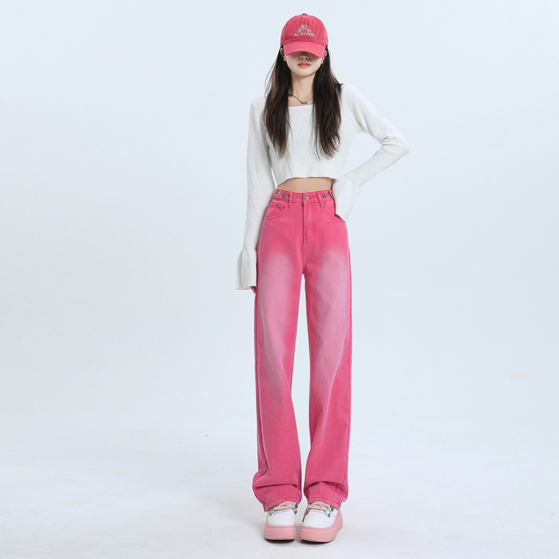 Women's Jeans Chic Autumn Y2K Korean Gradient Pink High Waist Straight Leg Denim Trousers 230821