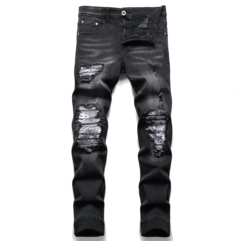 Men's Jeans Men Biker Jeans Streetwear Paisley Bandana Print Patch Stretch Denim Pants Patchwork Holes Ripped Slim Straight Black Trousers 230821