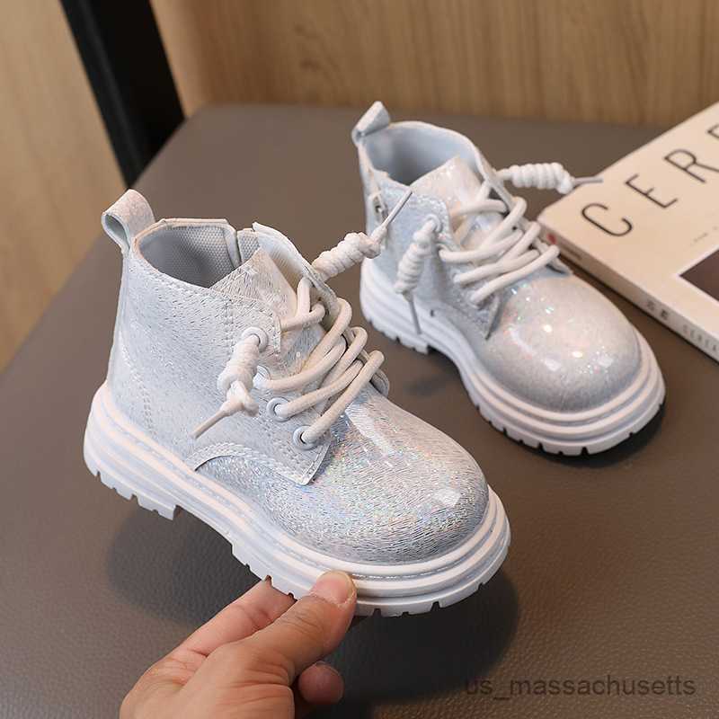 Boots 2023 New Girls Ankle Boots Shiny Pink Versatile Princess Shoes Kids Fashion Casual Boots Side Zipper Children Shoes R230822