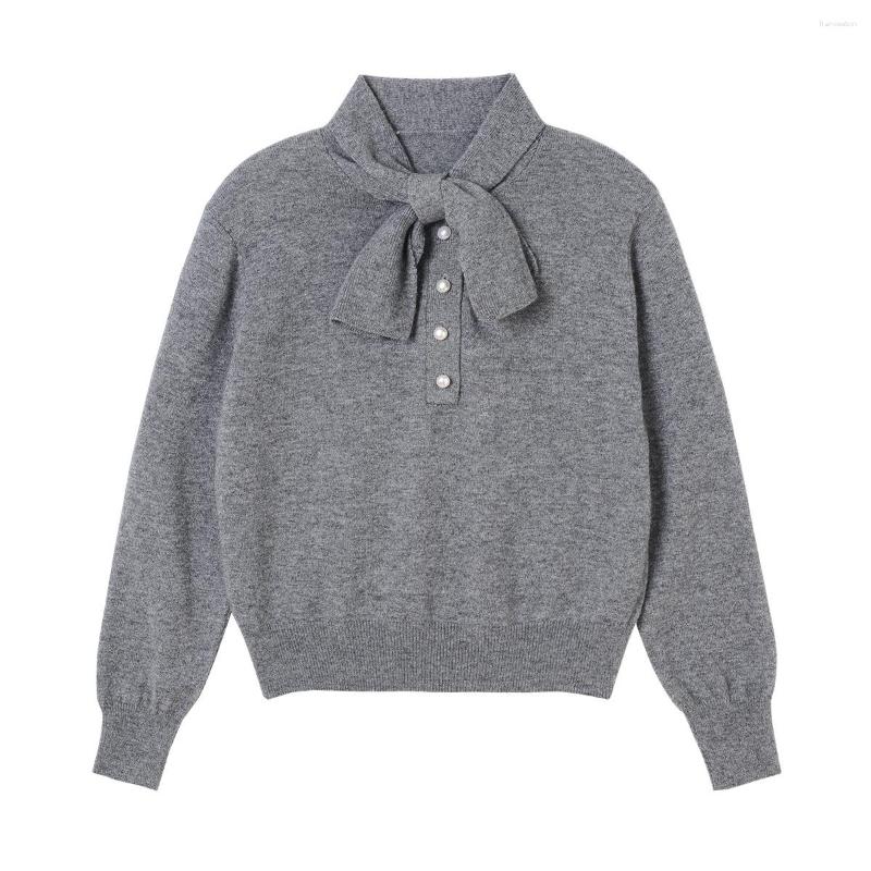 Women's Sweaters 2023 Autumn Ladies Pearl Button Bow Tie Long Sleeve Knitwear