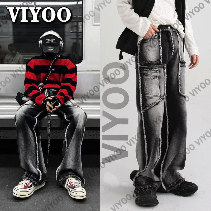 Men's Jeans Men's Women's Y2K Jeans Oversized Denim Pants Straight Trousers Patchwork Black Gothic Baggy Jeans Y2K Streetwear Techwear 