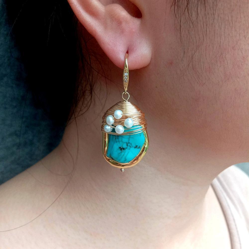 Ear Cuff YYGEM 21x27mm Blue Turquoise Cultured White Pearl Gold Plated Twist Hook Dangle Earrings Stone Jewelry 230822