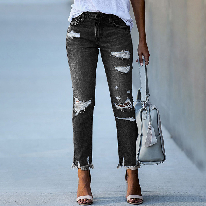 Women's Jeans 2023 Smart Casual Women Ripped Holes Pencil Pants Stretch Mid Waist Denim For Ladies 230821