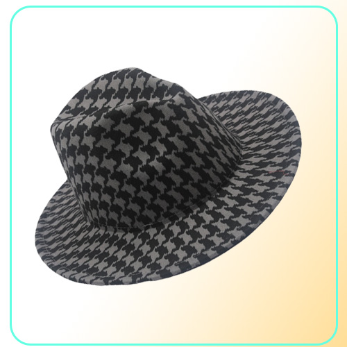 Houndstooth Print Fedora Hat with Black Bottom Men Big Brim Outdoor Trend Hat Panama Womens Jazz Top Hat for Party Wedding