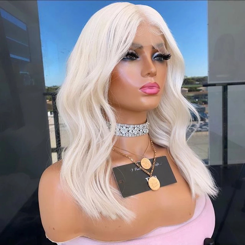 Free shipping 60 Platinum Short Bob Human Hair Wigs White Blonde Colored Front Loose Wave HD Transparent Lace Frontal Wig Preplucked