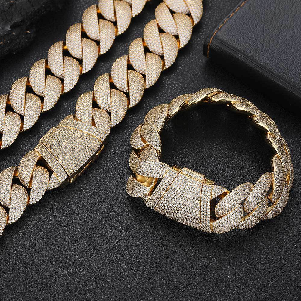 22mm Hip Hop Miami Cuban Link Chain Necklace Bracelet Jewelry Set Full Zircon 18k Real Gold Plated
