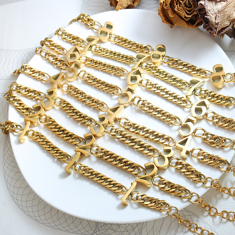 Charm Bracelets Hiphop Lucky Angel Number Cuban Chain Bracelet Exaggerate Gold Plated 111 To 888 Steel Party Gifts Jewelry 230821 - view 3