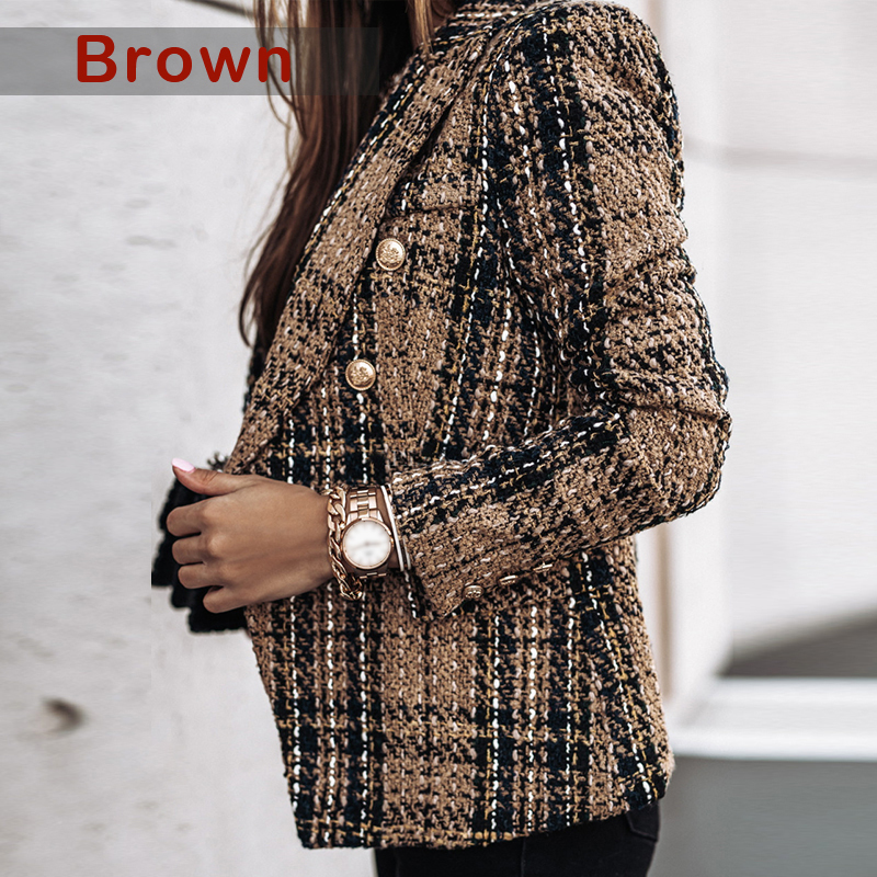 Women's Suits Blazers Double-breasted Printed Blazer Women Autumn Winter Office Chic Slim Long-sleeved Plaid Jacket Vintage Tweed Suits Ouerwear 