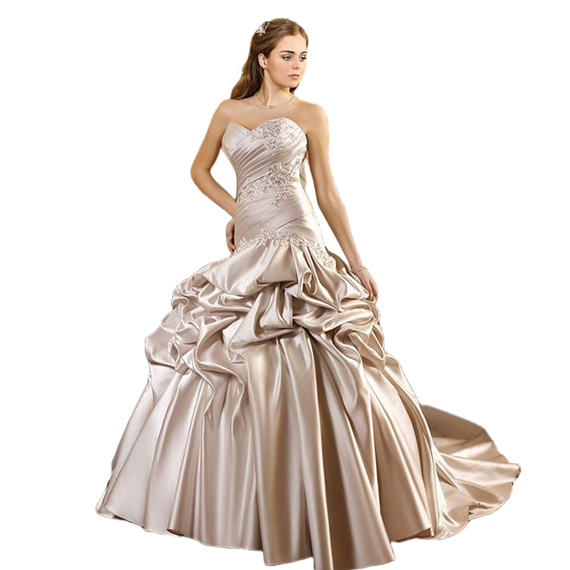 Vintage Champagne Wedding Dresses Sweetheart Neck Sleeveless Ruched Satin Long Bridal Gowns Lace Appliques Pleats Drop Waist Robes De Mariee