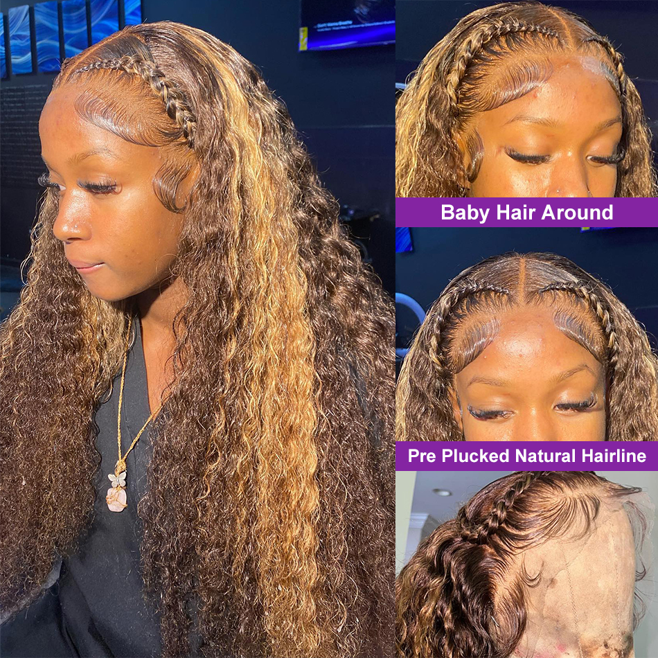 Brazilian Hair 13X4 Hd Lace Water Deep Wave Frontal Wig Highlight Honey Blonde Glueless Curly Synthetic Wigs Colored Bob For Women 30 Inch 250820