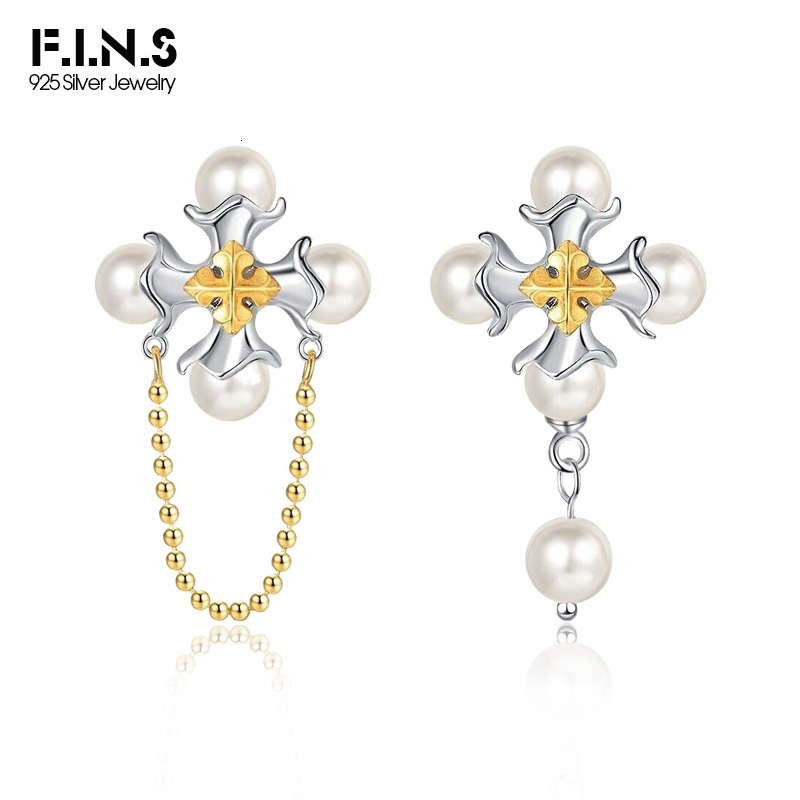 Ear Cuff F I N S Asymmetric 925 Sterling Silver Shell Pearl Earrings Baroque Cross Piercing Bead Chain Punk Rock Studs Fine Jewelry 230822
