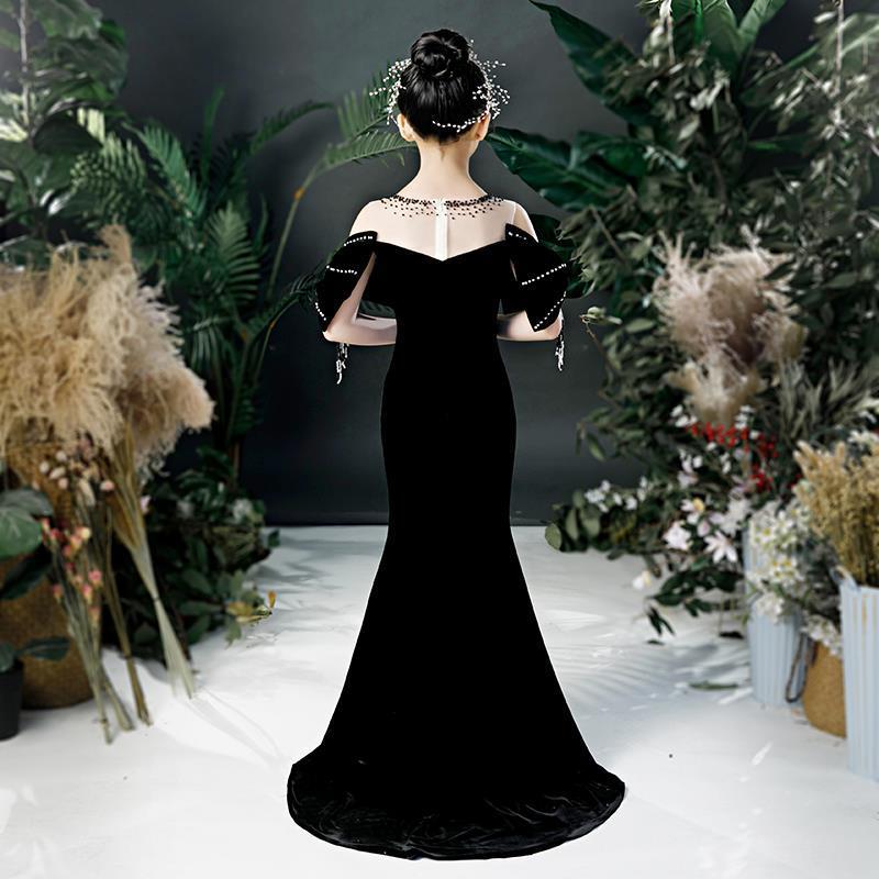 Veet Black Flower Girl For Wedding Long Mermaid Floral Appliques Girls Pageant Dress A Line Kids Birthday Gowns Princess Children Wed Party Dresses 40