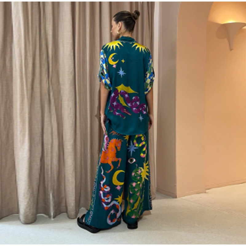 Women's Two Piece Pants Green Cartoon Print Long Pant Suit Women Elegant Turn Down Collar Shirts Loose Wide Leg Pants 2 Pieces Sets Women Outfits