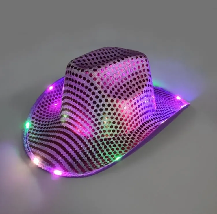50pcs Cowgirl LED Hat Flashing Light Up Sequin Cowboy Hats Luminous Caps Halloween Costume FY7970 G0831