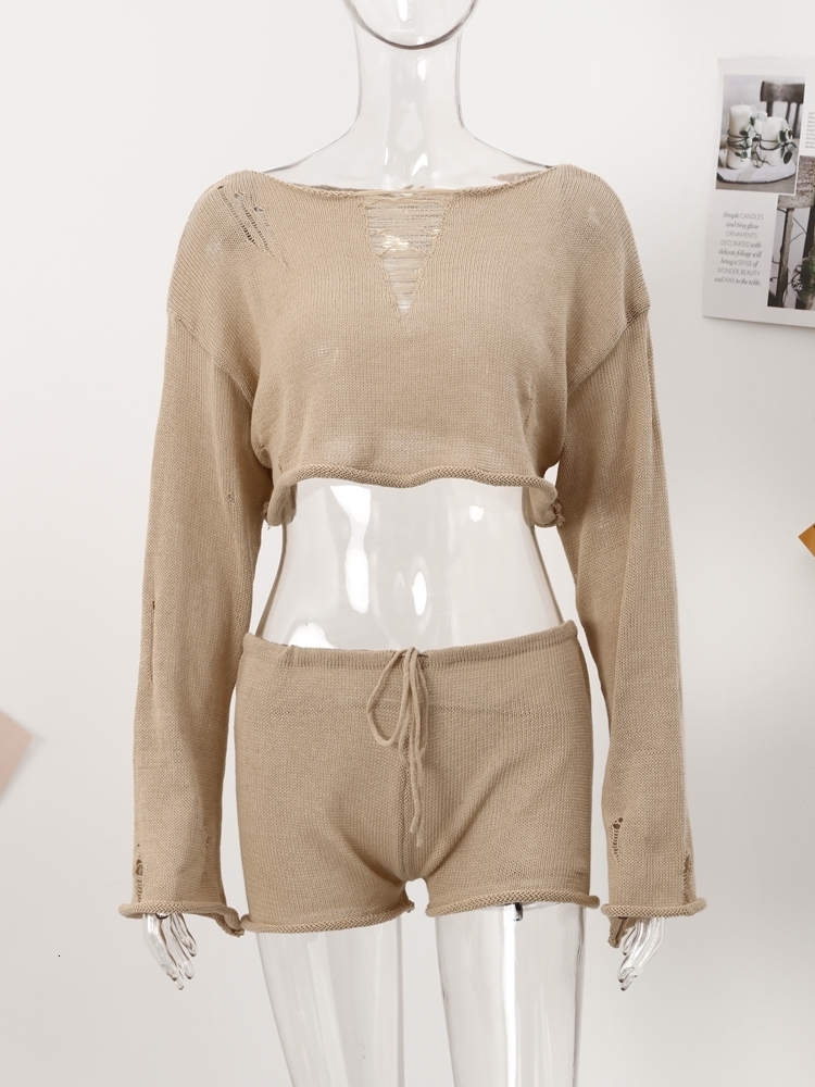 Women's Two Piece Pants Sexy Beach Crop Top Shorts Sets Women Knit Long Sleeve Lace Up Female Suit Summer Holiday See Through 2 Piece Set Womens 