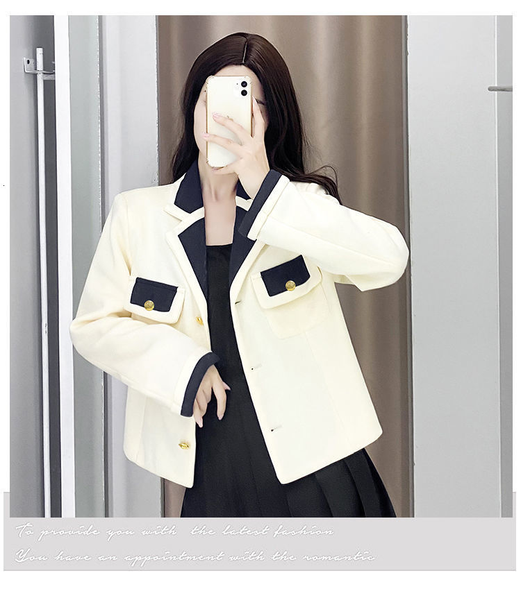 Women's Jackets Button Autumn Spring Loose Lattice Woolen Blazer Short Jacket Temperament Nylon Knitted Cardigan Outwear Female Office Lady 23082