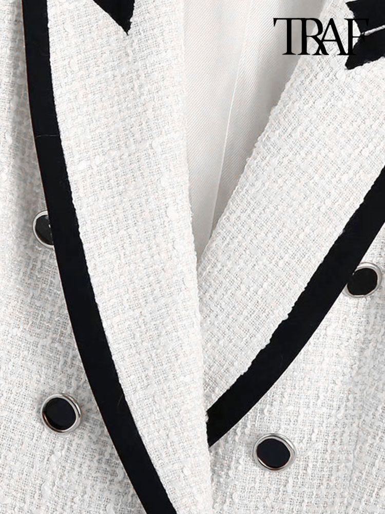 Women's Suits Blazers TRAF Women Fashion With Contrast Piping Tweed Blazer Coat Vintage Long Sleeve Pockets Female Outerwear Chic Veste Femme 230