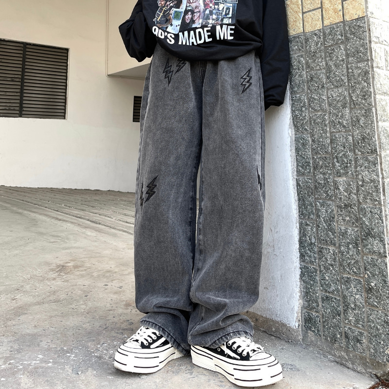 Men's Jeans American Vibe Wind Lightning Pattern Leather Jeans Men's Trend Hip-hop Retro Slacks Fashion Street Men Ins Selling Y2k Men Jeans