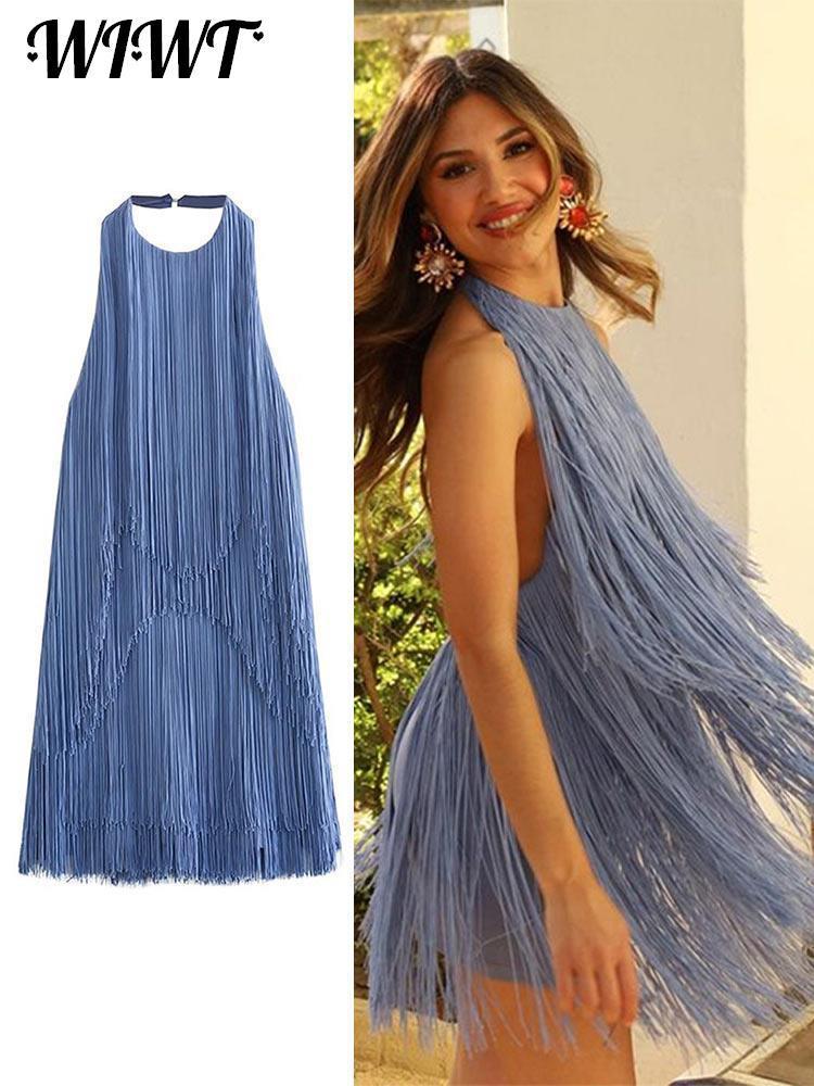 Urban Sexy Dresses Backless Tassel Mini Dress Blue Loose Halter Sleeveless A Line Evening Party Female 2023 Summer Vestido 230822