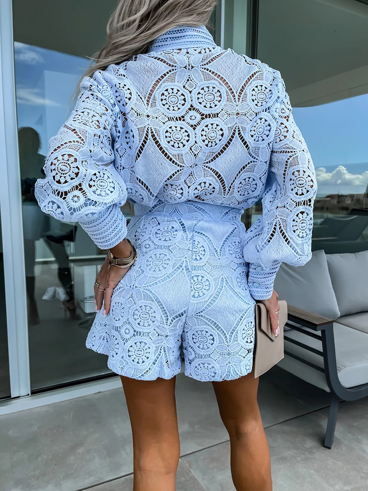 Women s Two Piece Pants Lace Shorts Set Casual Hollow Out Suit Female Stand Collar Single Breasted Long Sleeve Shirt And Short Outfits 230822