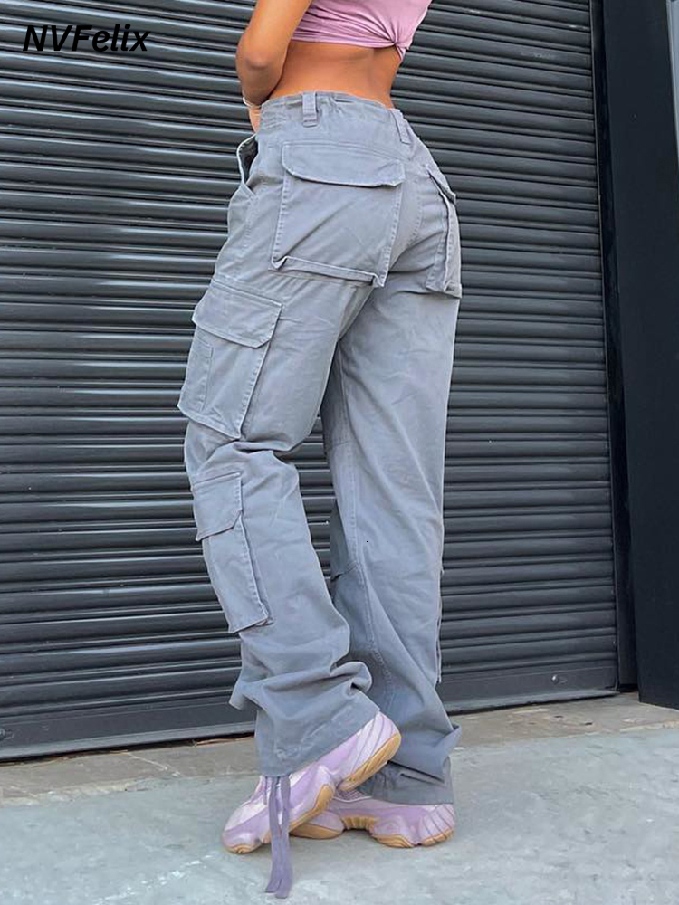 Womens Pants Capris Summer Vintage Grey Cargo High Waist Wide Leg Jeans Baggy Casual Fashion Multiple Pockets Mom Hip Hop Street Style 230821