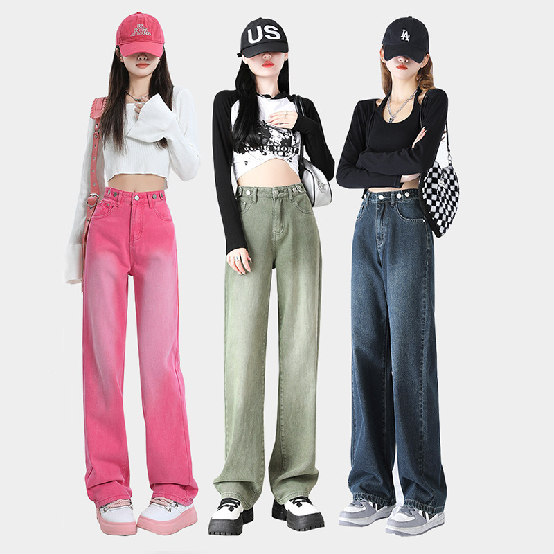Women's Jeans Chic Autumn Y2K Korean Gradient Pink High Waist Straight Leg Denim Trousers 230821