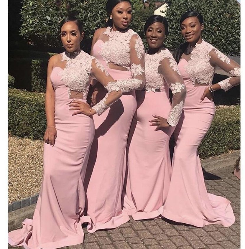 2023 Pink Lace Bridesmaid Dresses Long Sleeves Mermaid Sweep Train Flower Bridesmaid Dresses Maid Of Honor Wedding Party Dresses