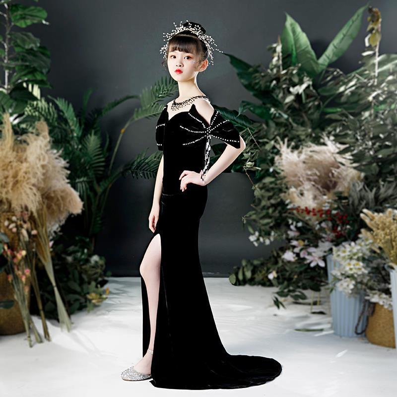 Veet Black Flower Girl For Wedding Long Mermaid Floral Appliques Girls Pageant Dress A Line Kids Birthday Gowns Princess Children Wed Party Dresses 40