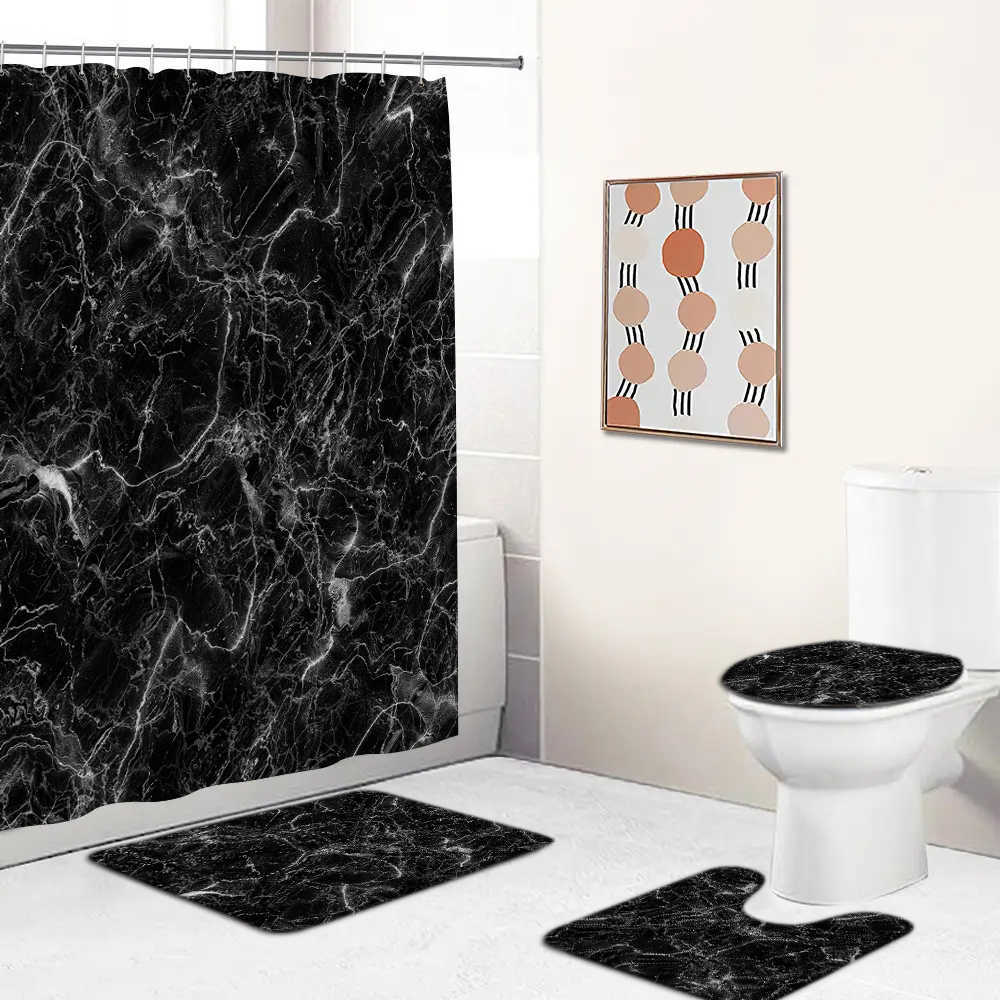 Shower Curtains Art Marble Pattern Golden Waterproof Shower Curtain Set Cover Mat slip Bath Rugs Home Bathroom Carpet Christmas Decor R230822