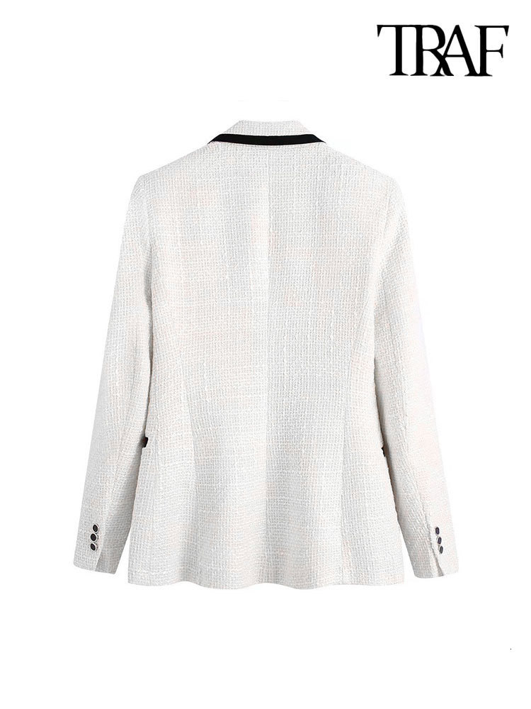 Women's Suits Blazers TRAF Women Fashion With Contrast Piping Tweed Blazer Coat Vintage Long Sleeve Pockets Female Outerwear Chic Veste Femme 230
