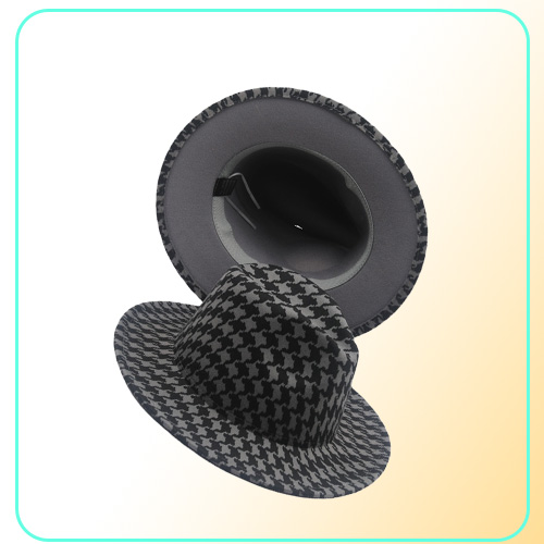 Houndstooth Print Fedora Hat with Black Bottom Men Big Brim Outdoor Trend Hat Panama Womens Jazz Top Hat for Party Wedding