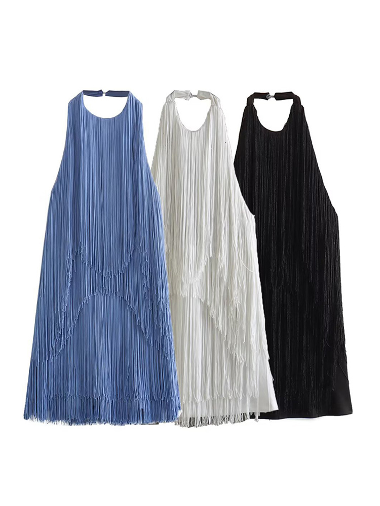 Urban Sexy Dresses Backless Tassel Mini Dress Blue Loose Halter Sleeveless A Line Evening Party Female 2023 Summer Vestido 230822