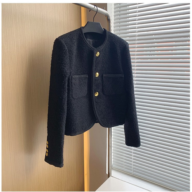 Women's Jackets Women Autumn Black Tweed Jacket Single Breasted O-neck Elegant Golden Button Pocket Cropped Woolen Jacket Clothing 230822