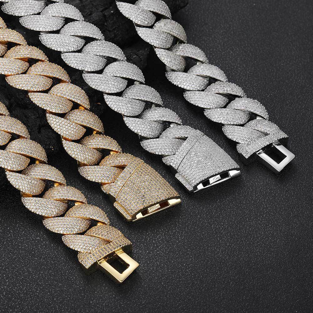 22mm Hip Hop Miami Cuban Link Chain Necklace Bracelet Jewelry Set Full Zircon 18k Real Gold Plated