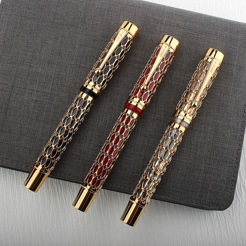 wholesale Jinhao Century 100 Fountain Pen Real Gold Electroplating Hollow Out Ink Pens Smoothly Writing F Nib for School Office Business 230821